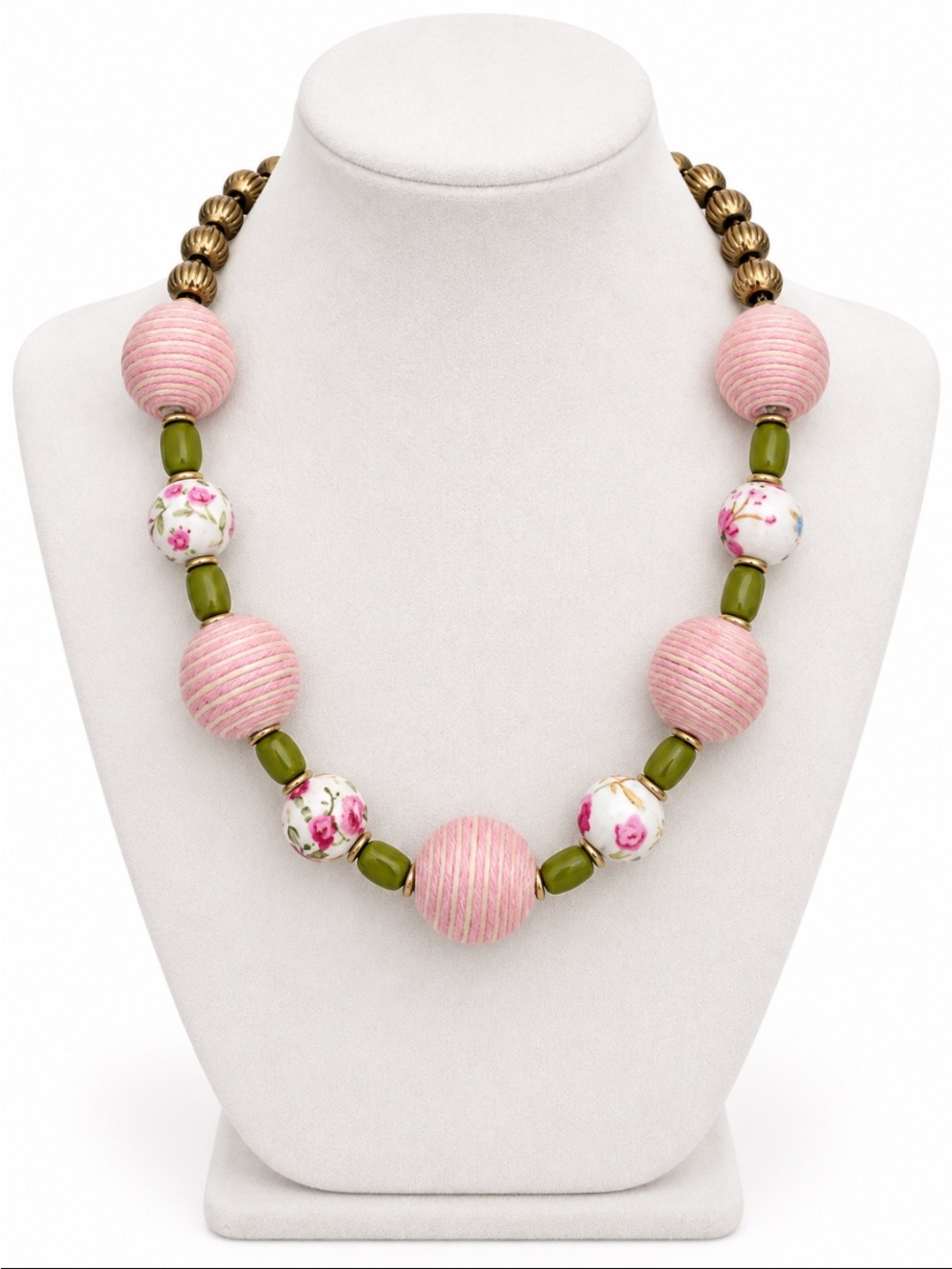 Pink Floral Beaded Statement Necklace with Green & Antique Gold Accents
